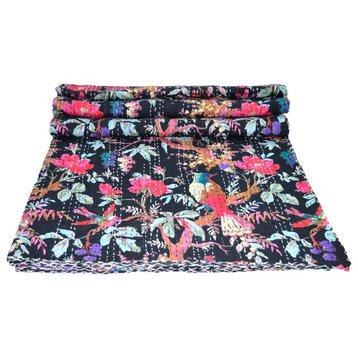 Bird Print Queen Cotton Kantha Quilt Throw Blanket Bedspread, Queen, Black