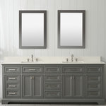 Design Element - Milano Double Vanity, Gray, 84" - Combining classic charms with modern features, the elegant Milano vanity collection by Design Element will instantly transform your bathroom into a work of art. All Milano vanity cabinets are constructed from solid birch hardwood and paired with a 1 inch thick white quartz countertop and backsplash. Soft closing doors and drawers provide smooth and quiet operations, while brushed finished metal hardware provides the perfect finishing touch. Other fine details include white porcelain sinks with overflow, dovetail joint drawer construction, predrilled holes to accommodate 8-inch widespread faucets, and multi-layer paint finish on the cabinets provide beauty and durability for years to come.
