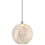Currey & Company - Finhorn 1-Light Multi-Drop Pendant - The Finhorn 1-Light Multi-Drop Pendant has an orb-shaped shade covered with small squares of mother of pearl, painstakingly hand-applied. The stem and canopy of the white pendant light are in a painted silver finish to keep the composition light. This fixture is among Currey & Company's introduction of cluster lights, which includes 1-light up to 36-light configurations. We also offer the Finhorn in an orb pendant.