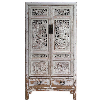 Chinese Distressed Off White Relief Carving Armoire Storage Cabinet Hcs7463