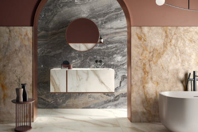 Inspiration for a large contemporary porcelain tile and white floor bathroom remodel in Miami