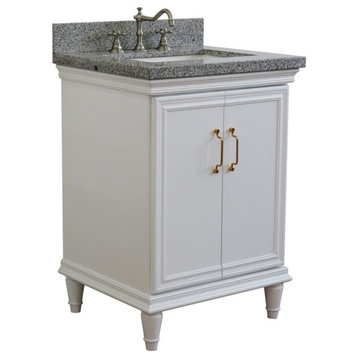 25" Single Vanity, White Finish With Gray Granite And Rectangle Sink