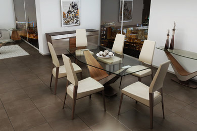 Inspiration for a mid-sized contemporary ceramic tile and gray floor great room remodel in Huntington with white walls and no fireplace
