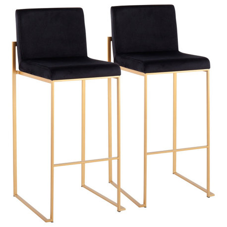 Fuji High Back Barstool, Set of 2, Gold Steel, Black Velvet