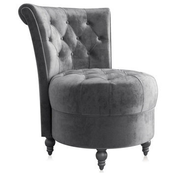 Button-Tufted Accent Chair w/ Thick Padding, Velvet Low Back Chair, Grey