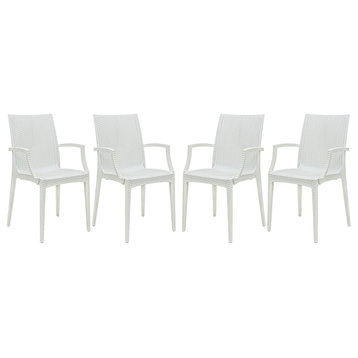 LeisureMod Modern Weave Mace Indoor Outdoor Dining Armchair in White Set of 4