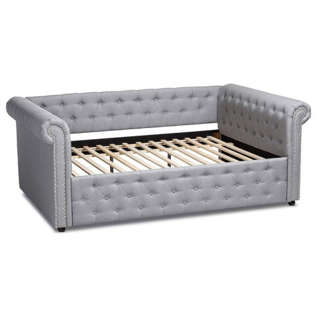 Gray Full Daybed with Button Tufted Linen, Rolled Arms, and Nailhead Trim