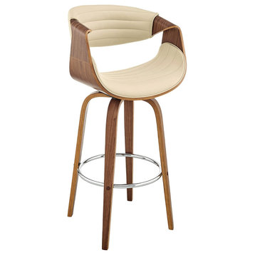Bar Stool, Curved Design With Stitched Faux Leather Seat, Cream/Walnut, Bar