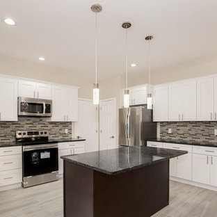 Mid-sized traditional kitchen pantry appliance - Kitchen pantry - mid-sized traditional u-shaped porcelain floor and gray floor kitchen pantry idea in DC Metro with a double-bowl sink, shaker cabinets, white cabinets, quartzite countertops, gray backsplash, mosaic tile backsplash, stainless steel appliances, an island and black countertops