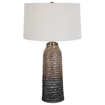 Textured Ridged Ivory Chocolate Brown Ombre Ceramic Table Lamp 31in Organic Look