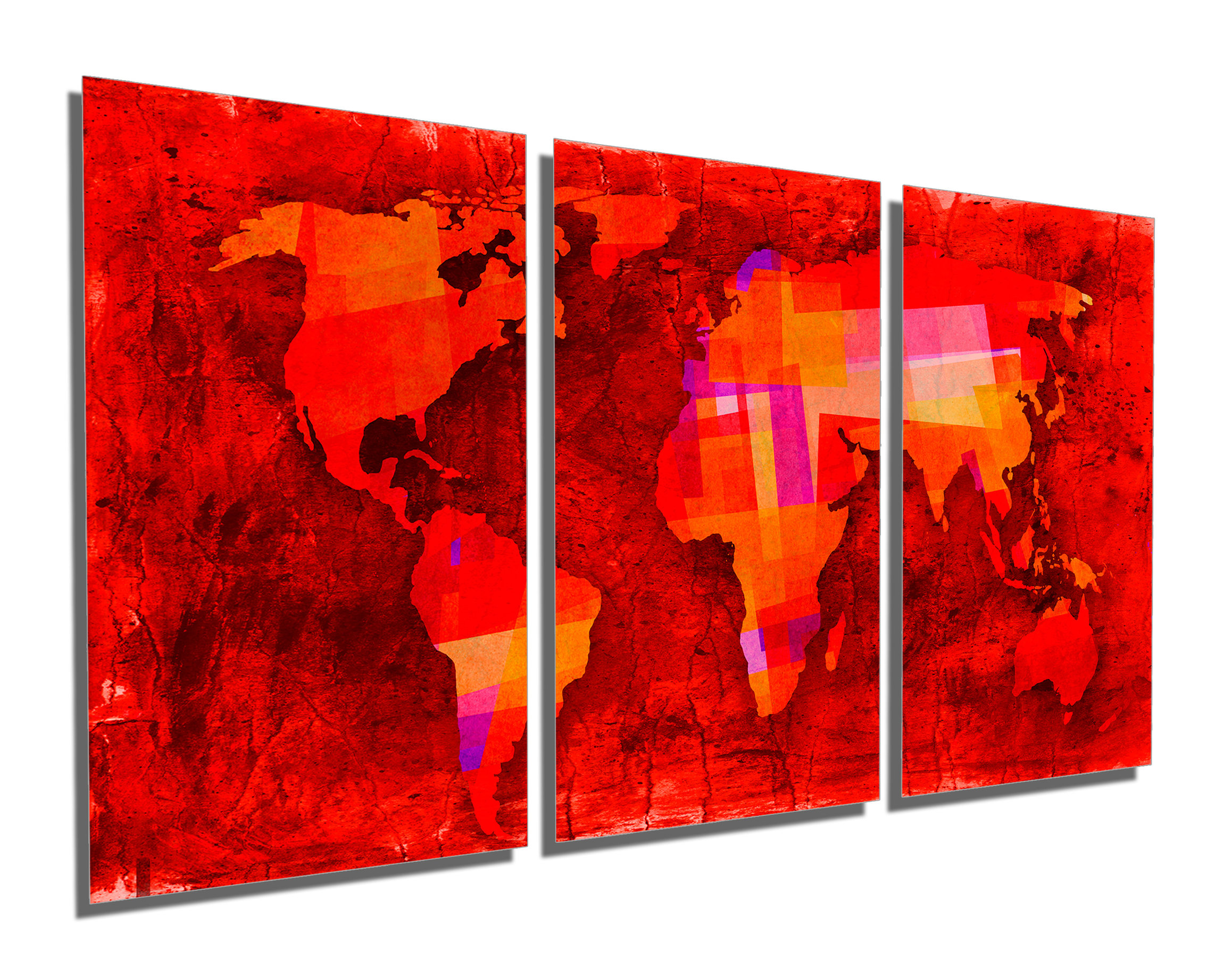 Dark Red World Map, HD Metal Print Wall Art, 3 Panel Split, Triptych ...