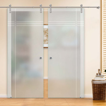 Double Sliding Glass Barn  Door with Frosted Design V1000, Full-Private, 2x40"x84" (72"x84")