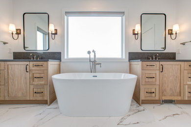 Example of a large transitional master porcelain tile, white floor and double-sink bathroom design in Other with shaker cabinets, medium tone wood cabinets, white walls, an undermount sink, quartz countertops, gray countertops and a built-in vanity