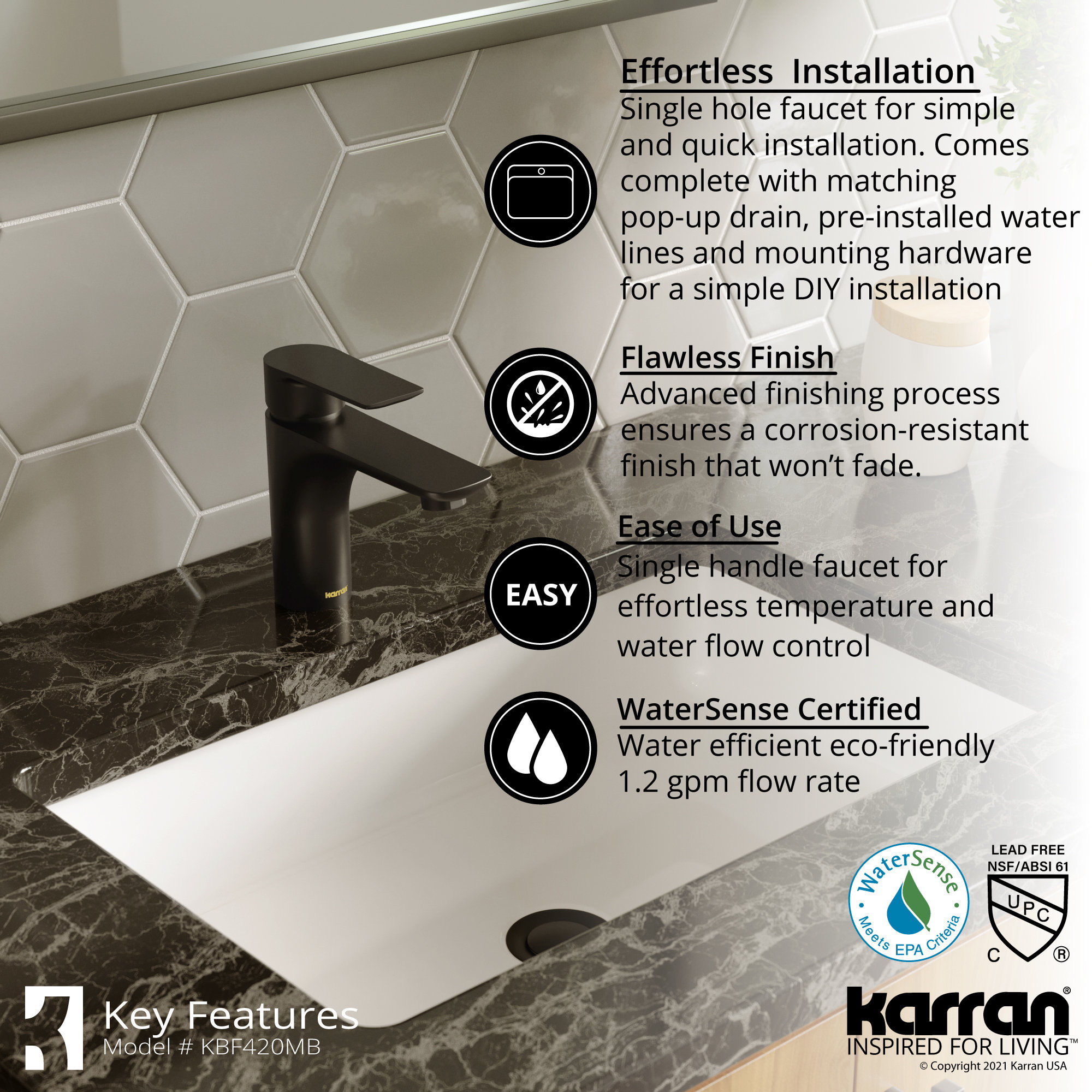 Karran KBF420 1-Hole 1-Handle Basin Faucet With Pop-up Drain, Matte Black