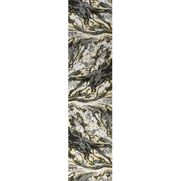 Swirl Marbled Abstract Area Rug, Black/Yellow, 2 X 10