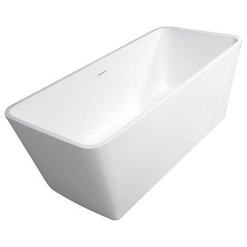 59" Solid Surface White Stone Freestanding Rectangular Tub w/Drain, Matte White