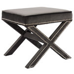 Meridian Furniture - Nixon Velvet Upholstered Ottoman/Bench, Gray - You'll be sitting pretty on this Nixon grey velvet ottoman/bench. This beautiful piece has a stunning look with its grey velvet upholstery and chrome nail head trim that gives your room a decidedly contemporary vibe. The X-shaped legs are sturdy and stout, making it a beautifully durable addition to your space. The ottoman's large top accommodates your feet while you relax and unwind with a good book, or pull it out on game night for an extra seat.