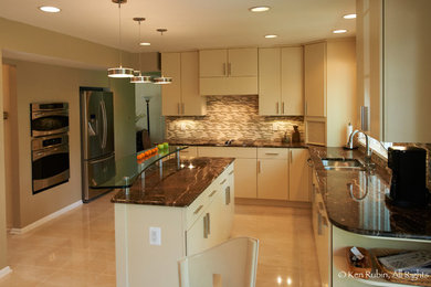 Inspiration for a mid-sized contemporary l-shaped marble floor eat-in kitchen remodel in DC Metro with a double-bowl sink, flat-panel cabinets, white cabinets, granite countertops, multicolored backsplash, matchstick tile backsplash, stainless steel appliances and an island