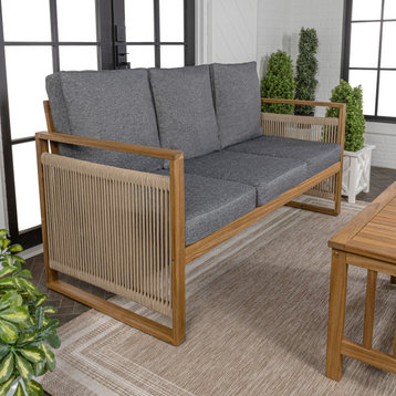 3-Seat Modern Roped Acacia Wood Outdoor Sofa, Cushions, Gray/Teak Brown