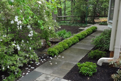 Photo of a mid-sized contemporary partial sun side yard stone landscaping in DC Metro for fall.