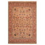 Bareens Designer Rugs - Antique Vegetable Dyed Tabriz Carla Gold/Rose Wool Rug - 8'0'' x 9'10'' - Designed with mesmerizing intricacy and gorgeous color palette, this hand-knotted masterpiece demonstrates the beauty and electrifying thrill of Pak Persian art. These meticulously hand-knotted Pak-Persian rug is made with pure wool and features breathtaking traditional, transitional, and tribal designs in bold luxurious color pallets. Known for their intricate designs these rugs are a reproduction of Persian rugs, made in Pakistan with unique Mughal designs. Made by master weavers using the same Persian texture, design and dying technique, we wanted to produce the most significant manifestation of Persian art, life, and culture. This rug is most famous for its exceptional quality, incredible designs, patterns, and vibrant rich color. Pak-Persian rugs made with Persian weave with high knot counts, which enables the high intricacy and detail found in the patterns are also referred to as "State of art", each color adds a rich beautiful detail in the artwork of this rug. The design, color, and beautiful chromatic composition with a vibrant sheen with intricate designs, exude beauty, elegance, and quality make this rug a masterpiece of its own.