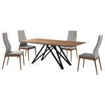Armen Living - Modena Parker 5 Piece Dining Set With Gray Fabric Chairs - Bring a modern touch of style to your dining space or kitchen with the Modena Parker 5-piece dining set from Armen Living. This set includes 1 Modena dining table and 4 Parker dining chairs. The beautiful Parker is constructed from Solid Ash wood and features a stylish Walnut finish. The Parker's elegantly curved tall back offers exceptional support, while the padded seat further enhances user comfort without detracting from the chair's unique appearance. The Parker's straight leg design is a definite contemporary marker and includes floor protectors, assuring that the side chair will not damage floors when moved. The Modena's Matte Black finish, steel frame design boasts an unmatched durability without compromising on the table's original look. The table's rectangular Walnut veneer top further enhances the Modena's appeal and dependability. The Modena dining table can easily accommodate more guests if needed with its 79-inch width. This dining set is a beautiful conversation piece that will last for many years to come. The Modena table's black metal base and walnut wood tabletop are complimented by the gray upholstery and walnut wood accents of the Parker dining chairs.