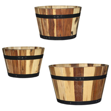 Classic Home and Garden Acacia Wood Whiskey Barrel Planters with Black Metal Ban
