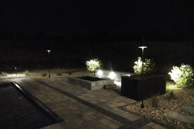 Paver Patio with Fire Pit, Seat Wall, Outdoor lighting and lowered hot tub