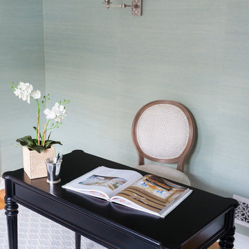 Santa Monica Feminine Home Office with Blue Raffia Wallpaper