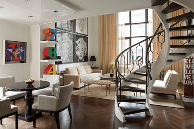 Example of a trendy wooden spiral open and metal railing staircase design in New York