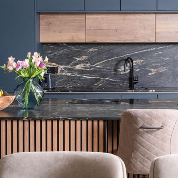 Blue and Oak Handleless Kitchen in Northwood