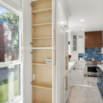 Open White Shaker Pantry Cabinet Showing Interior Adjustable Shelving