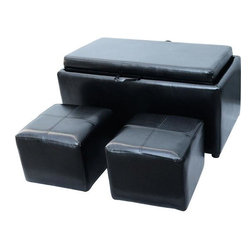 HomCom PU Leather Storage Bench Ottoman w/ 2 Footstools - Black - Accent And Storage Benches