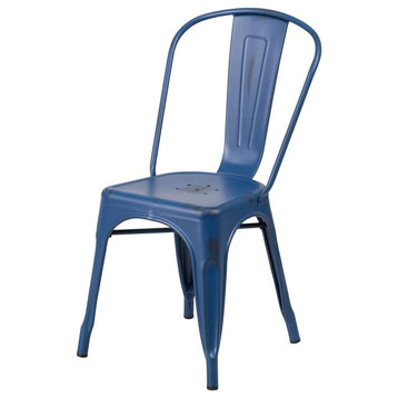 Set of 4 Dining Chair, Metal Frame With Ergonomic Curved Back, Antique Blue