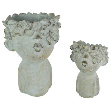 Pair of Pucker Up Kissing Face Weathered Finish Concrete Head Planters