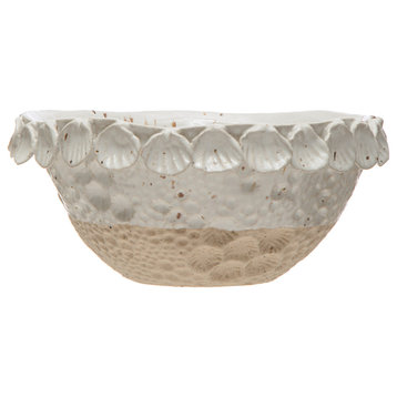 Coastal 2-Tone Stoneware Bowl with Shell Trim, White and Natural