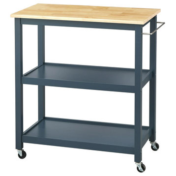 Modern Kitchen Cart, 2 Spacious Open Shelves & Natural Rubberwood Top, Blue