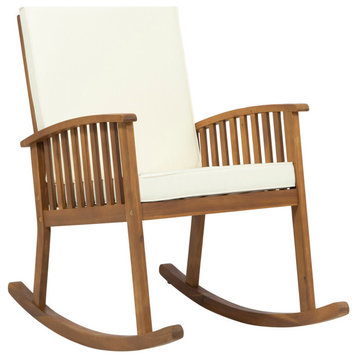 Beulah Outdoor Acacia Wood Rocking Chair, Brown Patina Finish, Cream