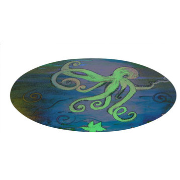 Sea life round chenille area rugs from my art. Approximately 60", Green Octopus,