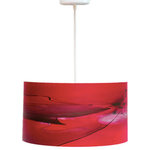 Rowan Chase - Ginger, 12 X 9, with Diffuser - Break with conventions. Bring a warm feeling and some color to your interior with the Ginger handmade drum pendants by Californian artist Rowan Chase. Lamps are constructed on white powder coated lampshade rings with Rowan Chase artwork on. 100% cotton velvet watercolor paper, a white 10 foot cord with porcelain fixture and a white ceiling canopy. Lamps come assembled and ready for installation. Handmade in California one shade at a time by Rowan Chase himself in his studio. Available in four sizes: from 8" to an amazing 24" eye catching centerpiece.  All shades are 9" tall.