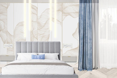 На фото: хозяйская спальня в современном стиле с серыми стенами и полом из винила