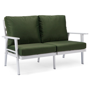 Leisuremod Walbrooke Patio Loveseat With White Aluminum Frame, Green