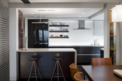 Trendy eat-in kitchen photo in Boston with flat-panel cabinets, black cabinets and black appliances