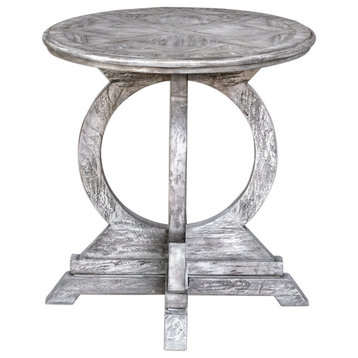 Rustic Aged White Circles Accent Table Wood Distressed Round Geometric Accent