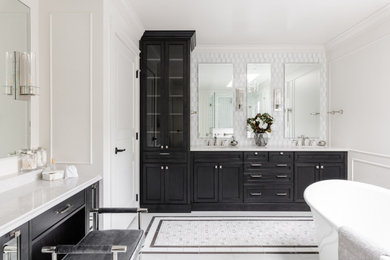 Example of a classic master white tile gray floor and double-sink freestanding bathtub design in Other with recessed-panel cabinets, black cabinets, white walls, an undermount sink, white countertops and a built-in vanity