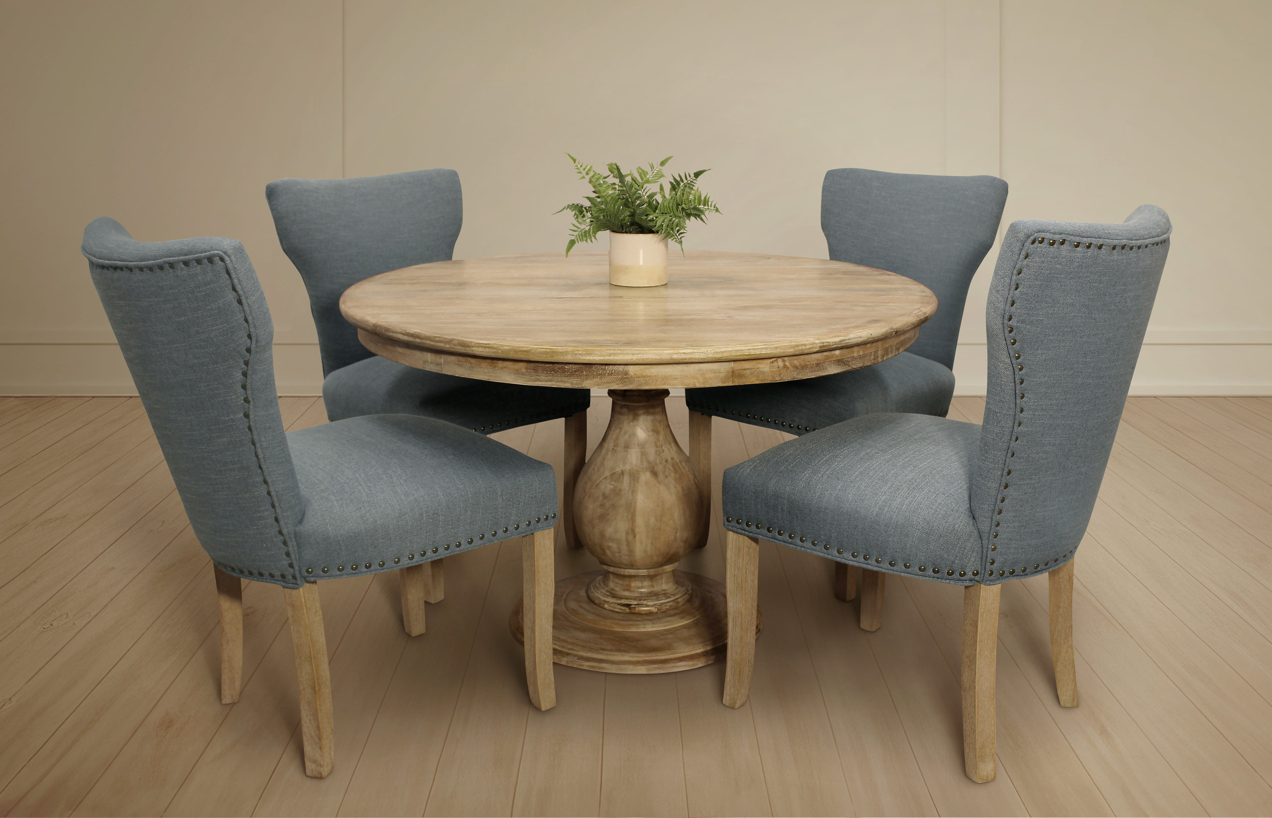Jenna 48" Dining Set in Solid Wood With 4 Jill Chairs in Denim Linen ...