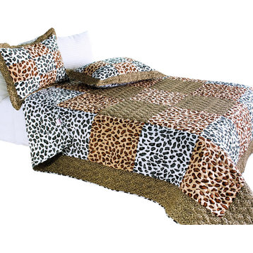 Leopard Pattern Cotton 3PC Vermicelli-Quilted Patchwork Quilt Set (Full/Queen)