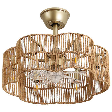 GetLedel 19.7" Hand Woven Rattan Ceiling Fan With Remote and Light, Brown