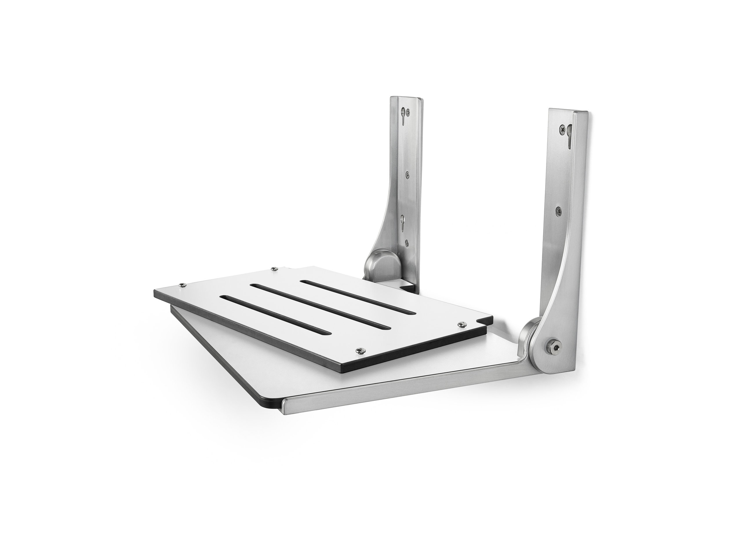 Silhouette Folding Wall Mount Shower Bench Seat, White Seat, Silver Frame