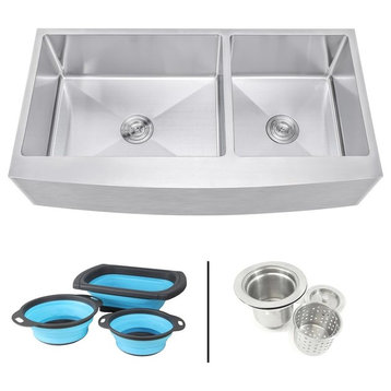42" Apron Stainless Steel Curve Front 60/40 Double Bowl Kitchen Sink w/Colanders